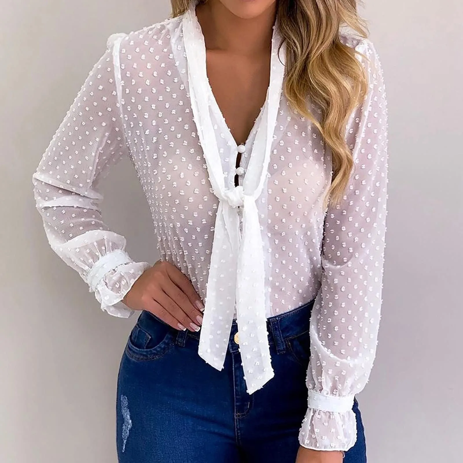 Блузка женская с V-образным вырезом повседневная пикантная рубашка завязками Топ