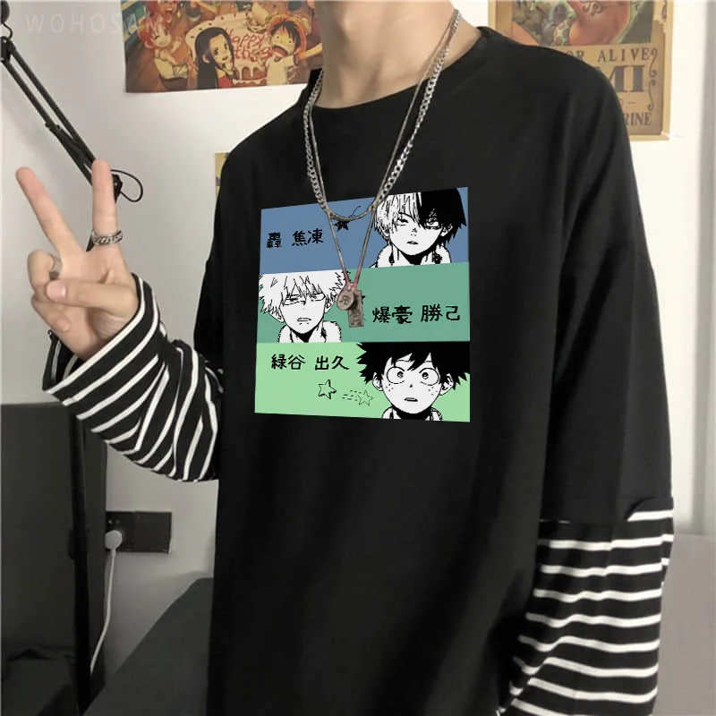 

Harajuku Anime My Hero Academia Bakugou Katsuki T Shirts Men Women Funny Manga Midoriya Izuku Cute Graphics Striped Long T-Shirt