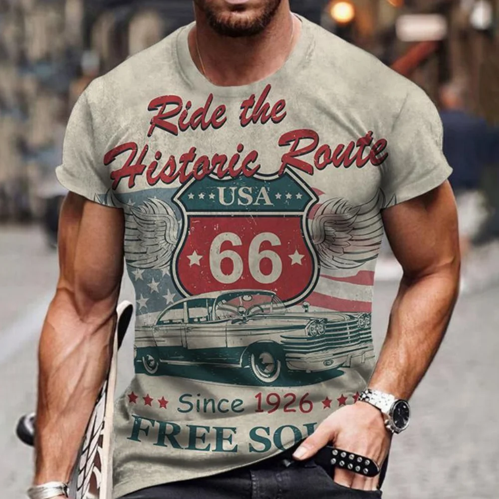 

New Men'S Short Sleeve T-Shirt Clothing 3d Vintage Print Route 66 Summer O-Neck Tshirt Man Plus Size Top Mens Street Y2k Blouse