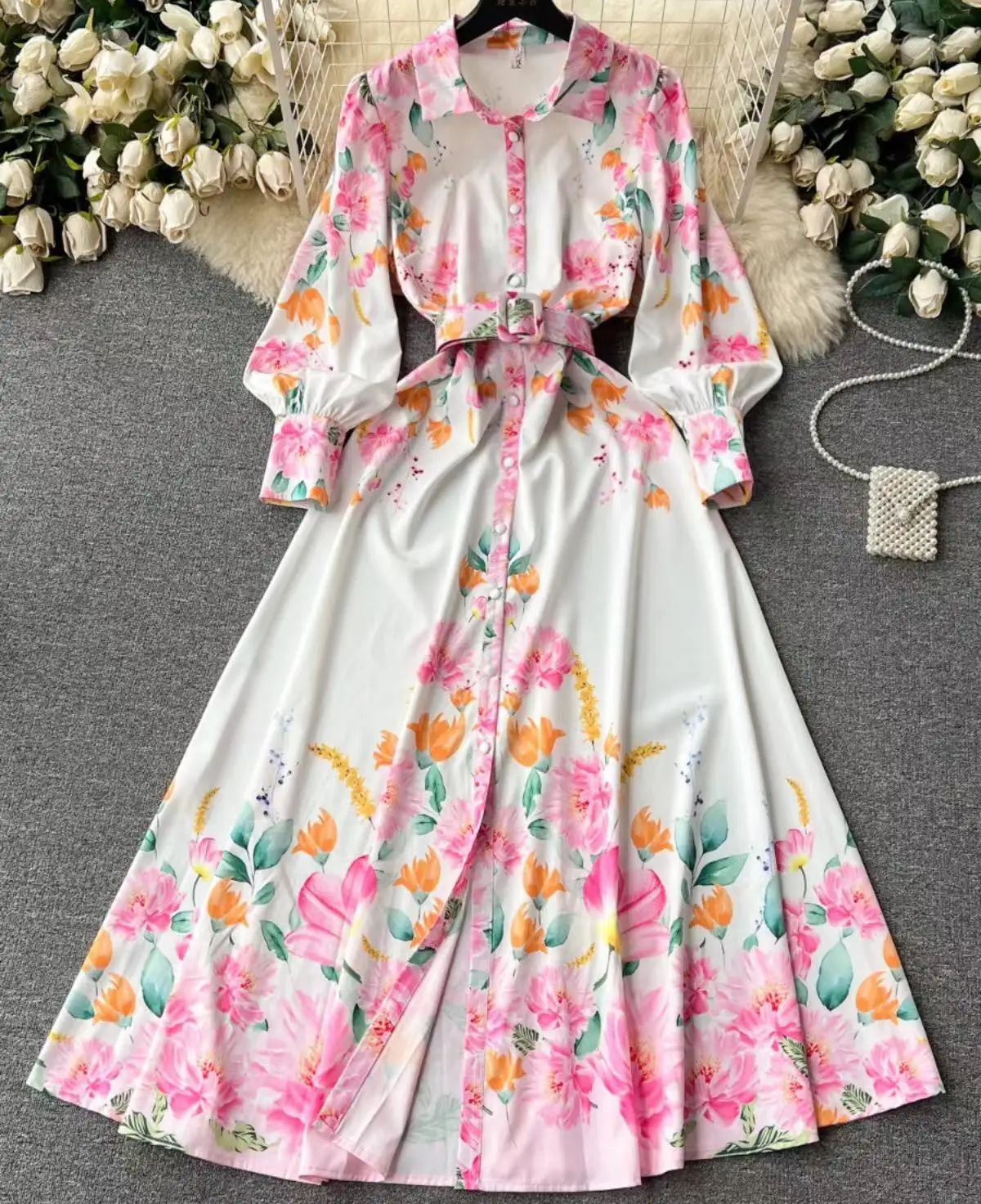 

Женское модельное платье-рубашка, элегантное розовое однобортное платье с отложным воротником и рукавами-фонариками, длинное платье с цветочным принтом и поясом, осень 2023