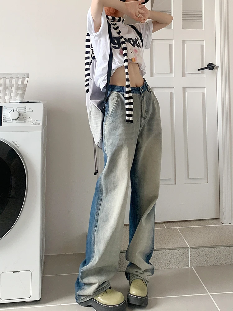 

Gradient Blue Casual Jeans Women Y2K Thin High Waist Straight Wide Leg Pants Street Baggy Mopping Denim Trouser Ladies Summer