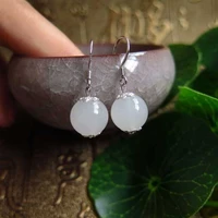 925 silver round bead nephrite earrings new ear hook natural white jade hetian jade jewelry fashion amulet women gifts