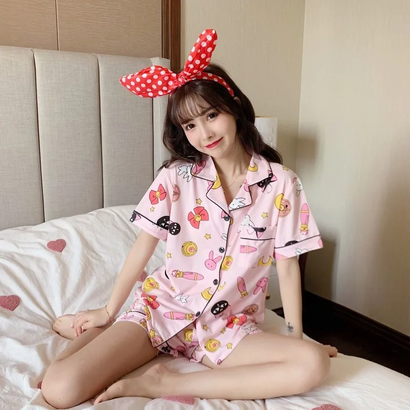 Cute Print Women Pajamas Sets Summer Short Sleeve Cartoon Sleepwear Pink Pijama Mujer Female Nightsuit Cat Moon
