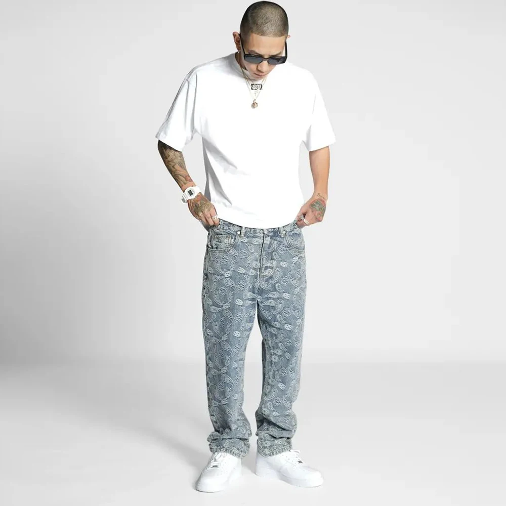 Men Jeans Trendy High Street Casual Straight  Pants Harajuku Style Fashin Men Loose Oversize  Paisley Wide Leg High Street