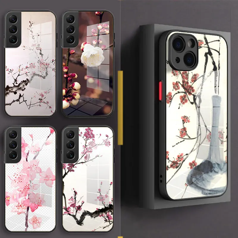 Ink plum flower Glass Phone Case For Huawei P40 P30 P20 Pro Lite Plus P40lite E P Samrt 2020 Silicone Cover