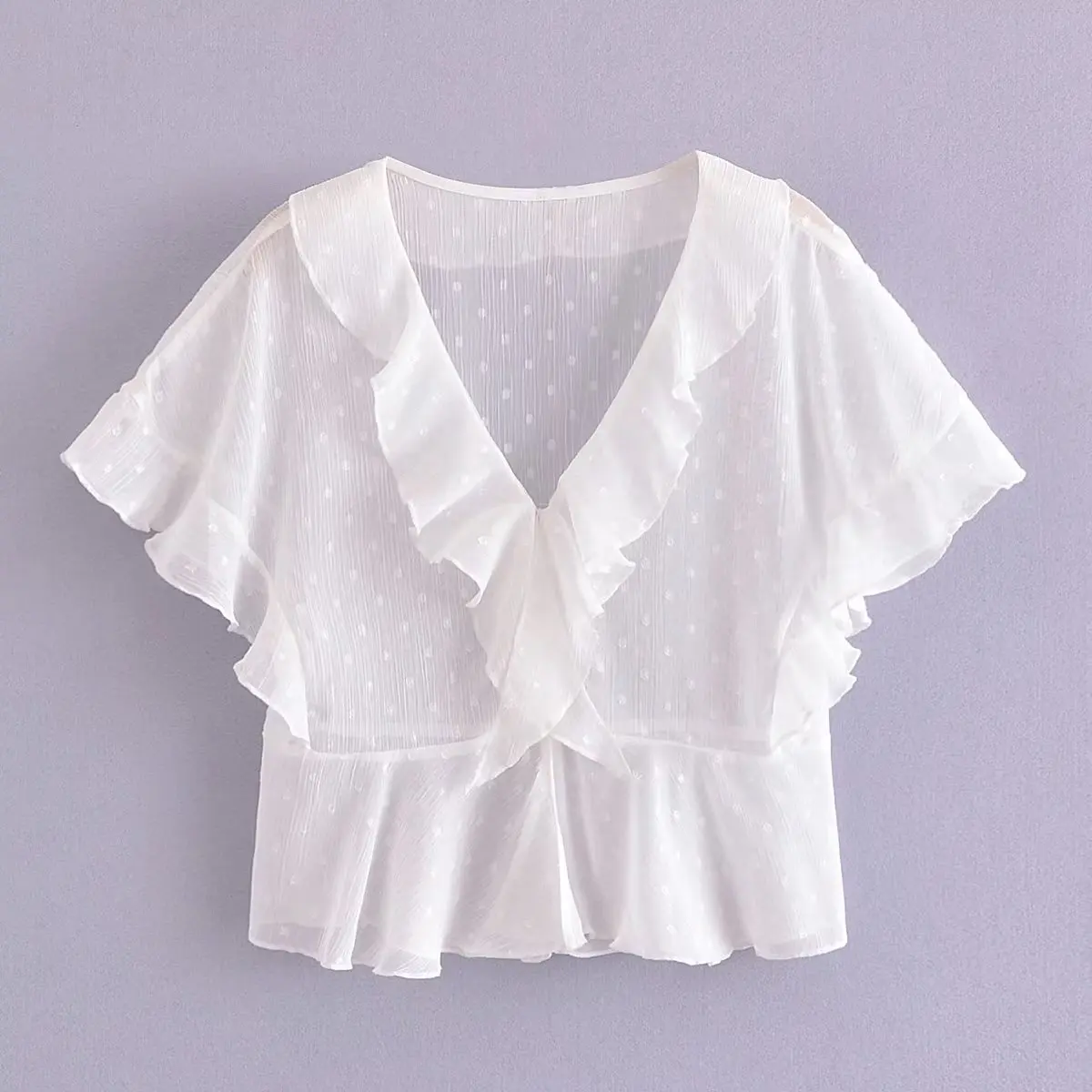 

Women Fashion Ruffle Chiffon Shirt V-neck Short Sleeves Single Breasted Female Casual Vintage Short Tops