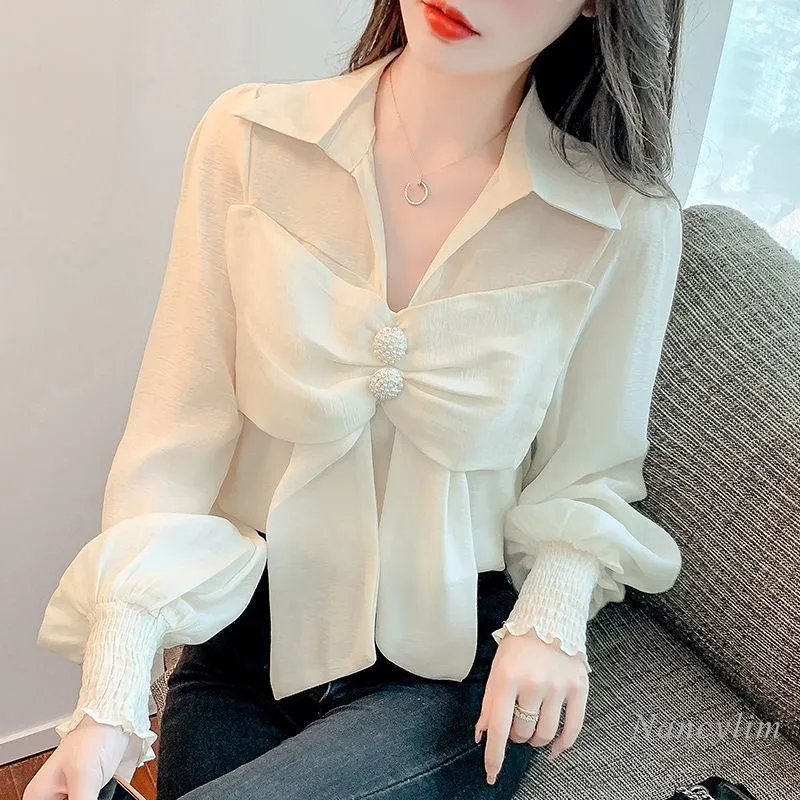 

Fall Top Women 2022 New V-neck Bow Shirt Long Sleeve Chiffon White Blouses Ladies Blusas