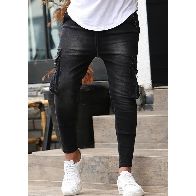 Men's Jeans Blue Stretch Multi-Pocket Zippers Denim Trousers Slim Fit Fashion Casual Pants Black Cargo Jeans Men