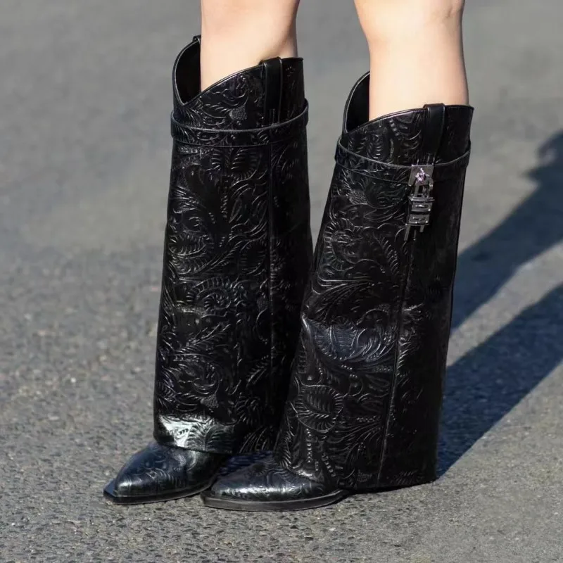 2023 Women's New Over Knee Boots Shark Lock Retro Pattern Thick Sole High Heel Boots Designer Brand Women's Long Leather Boots