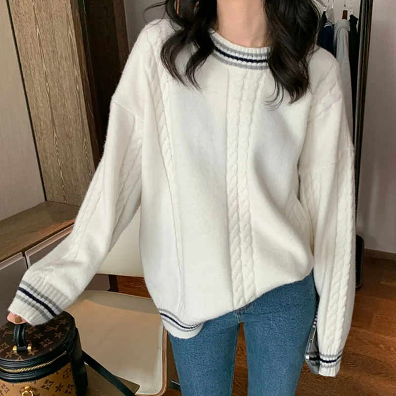 

Женский вязаный свитер в стиле ретро DAYIFUN, Свободный пуловер с длинными рукавами и круглым вырезом, Осень-зима 2022