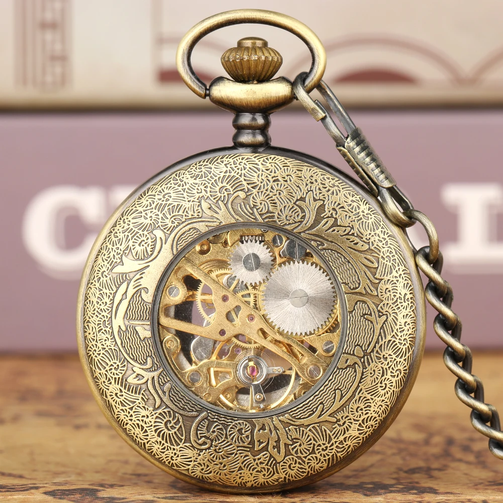 Classic Roman Numerals Carved Manual Mechanical Pocket Watch Bronze Fob Chain Arabic Numeral Dial Hand Winding Antique Clock