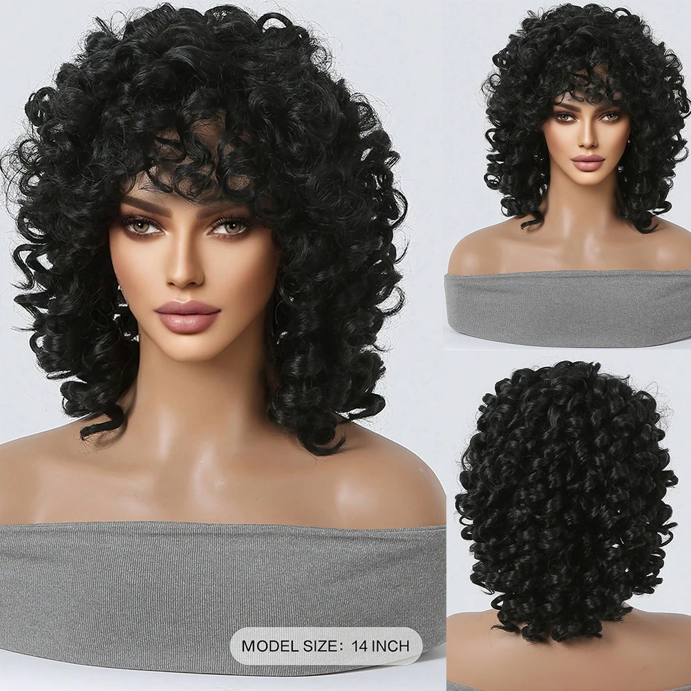 

Afro Kinky Bomb Synthetic Wigs with Bangs Short Black Full Wig Curly Deep Wave Hair for Women Daily Cosplay Heat Resistant Fiber
