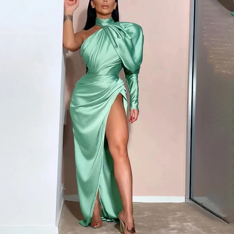 

New In Candy Green Elegant Side Slit One-Shoulder Floor-Length Pleat Asymmetric Engagement Birthday Evening Gown Sexy Dress