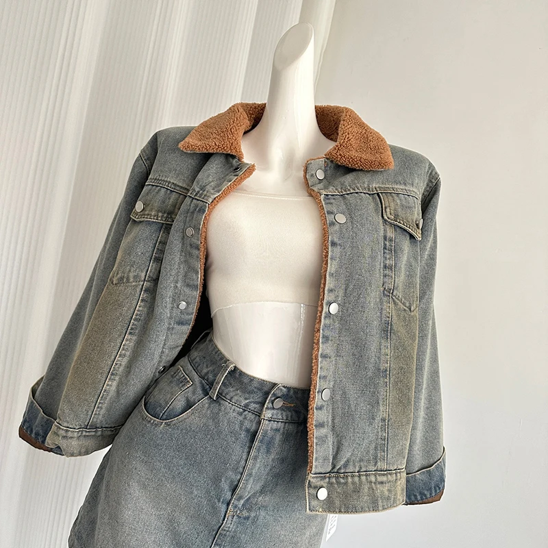 LUZHEN модная уличная джинсовая куртка в стиле ретро с подкладкой из овечьей шерсти