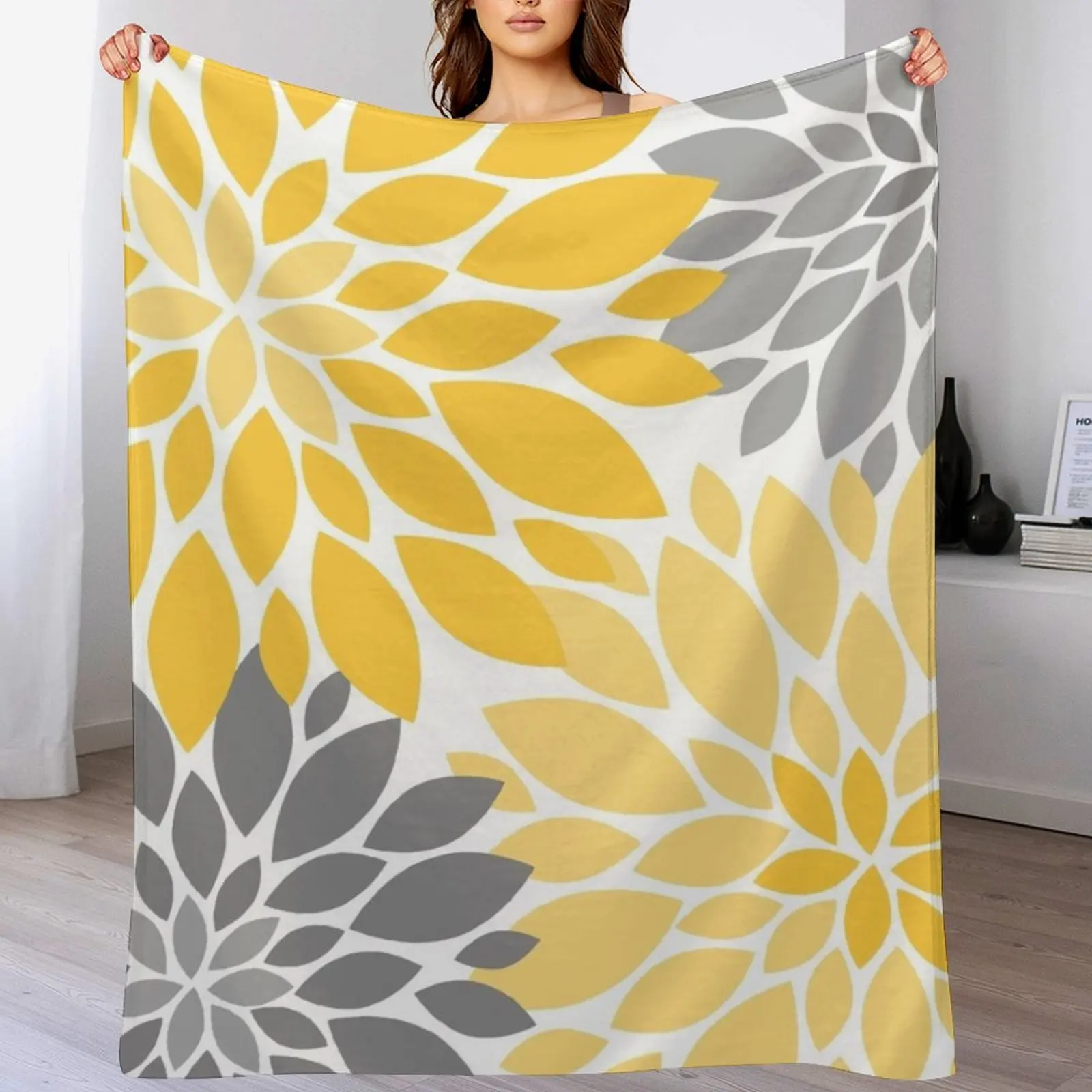 Желтое и серое одеяло с цветочным узором Dahlia декоративные одеяла пледы большие