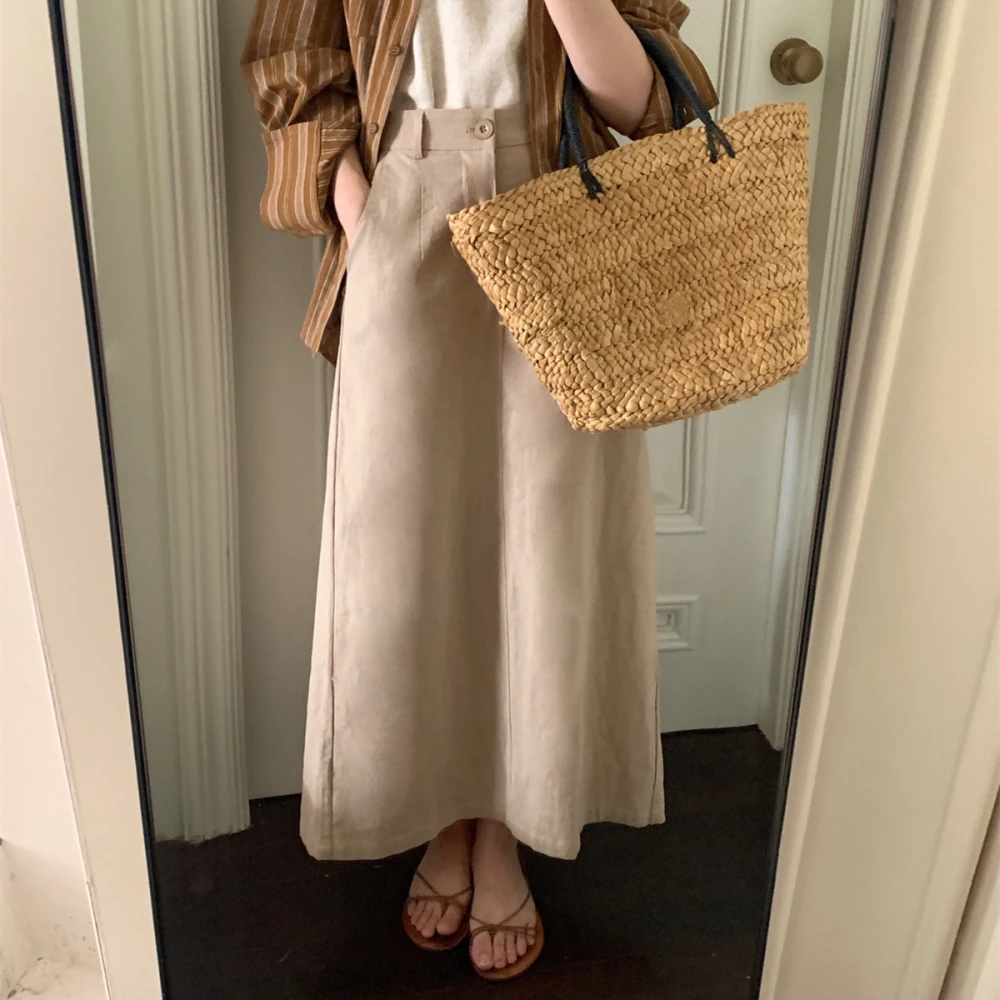 

Women's Autumn Long Linen Skirts Elastic High Waist Split Hem A-line Jupes Korea Style 2023
