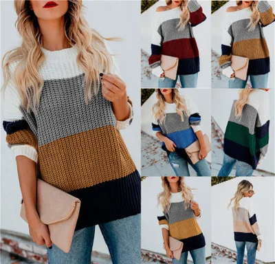 

2022 autumn and winter new striped pullover sweater women loose large size rainbow contrast color knitted sweater women