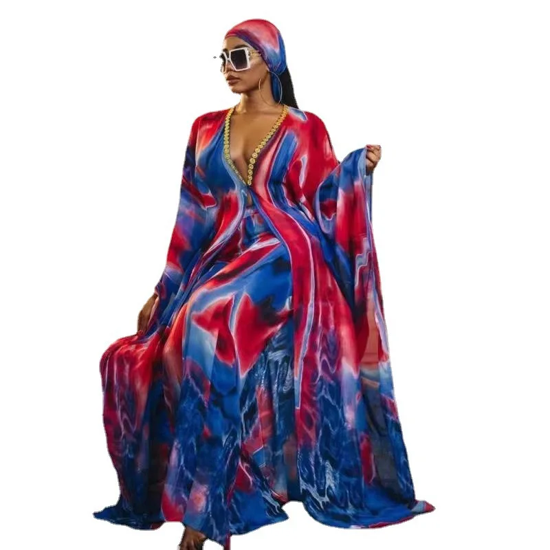 

Women's Fashion Classic Design African Clothes Dashiki Print Leopard Chiffon Fabric Long Dress + Trousers Two Piece Set