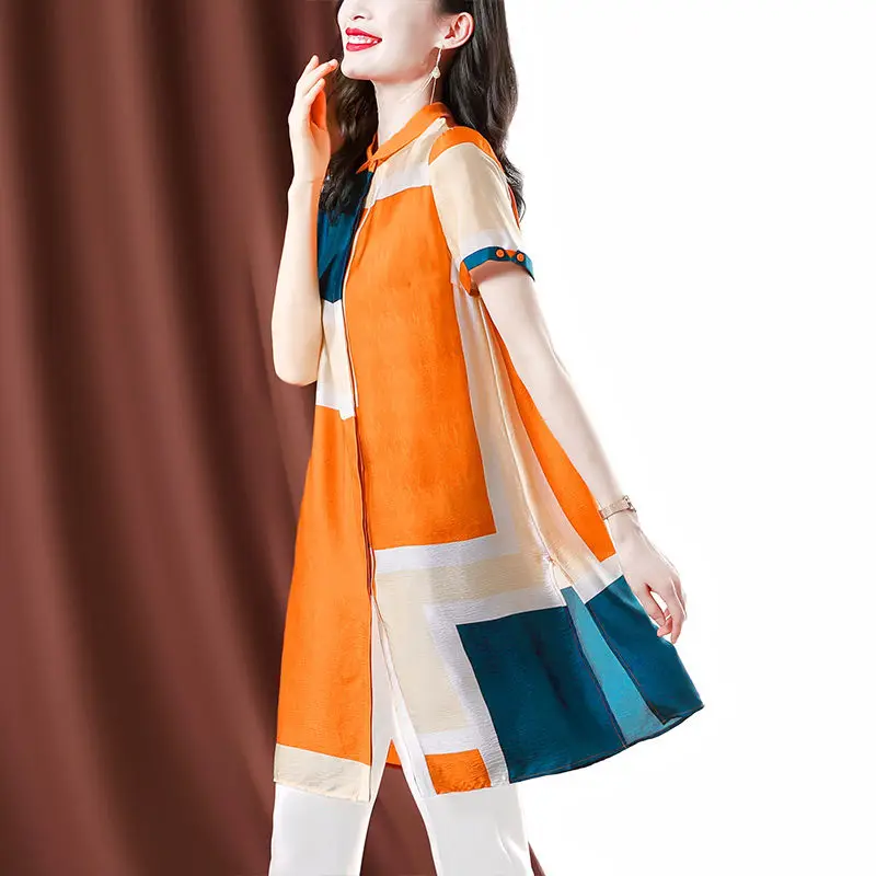 

Женская шелковая рубашка, Новинка лета 2022, Свободная блузка средней длины с коротким рукавом и круглым вырезом, рубашка из шелка тутового ше...