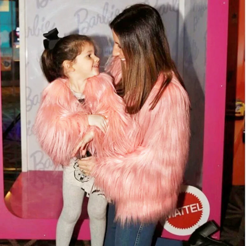 Faux Fur Coat Women Family Matching Clothing Mother Daughter Tassels Fleece Jacket Autumn Winter Thick Warm Vintage Top