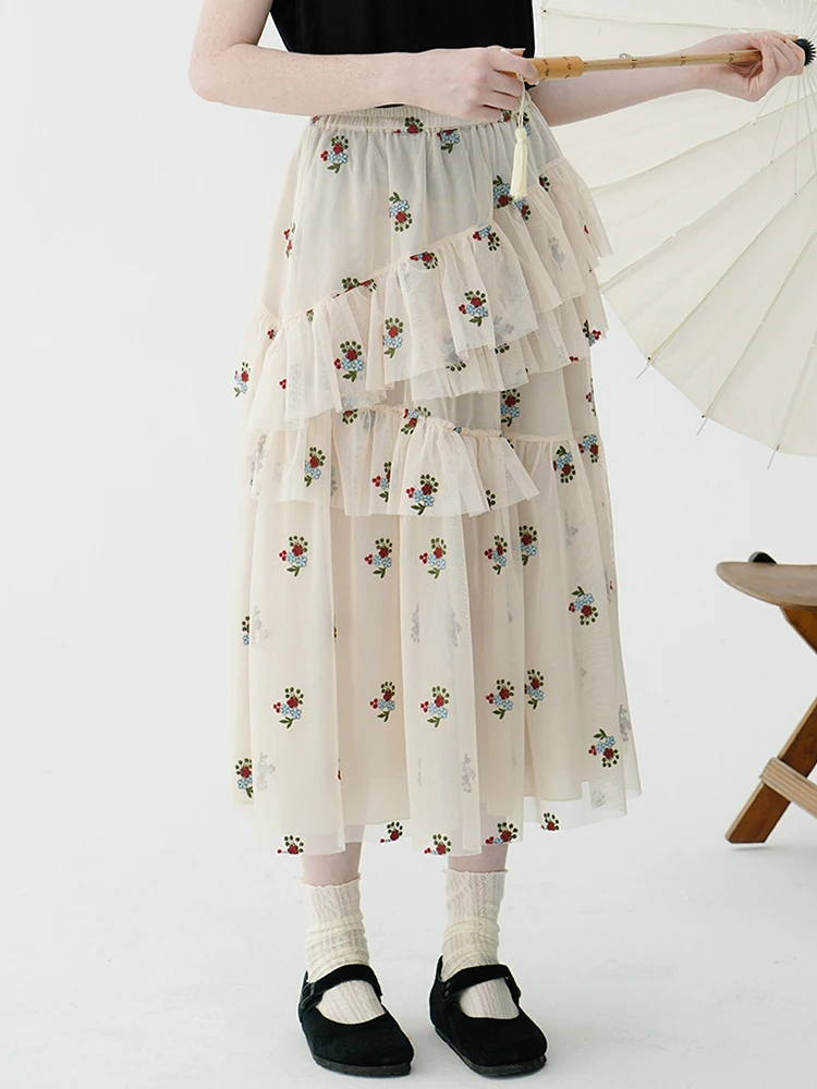 Imakoni temperament high waist floral mesh Ruffle Skirt A-line skirt women's summer middle length 213338