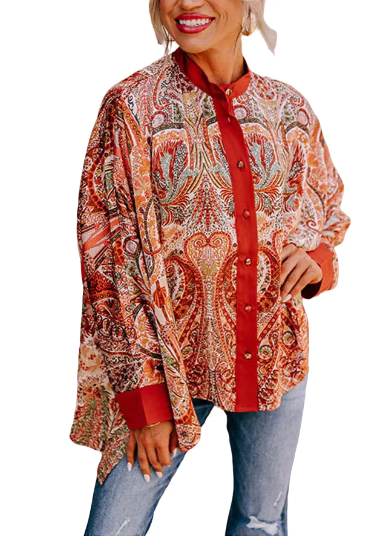 

Women's Oversized Graphic Print Batwing Long Sleeve Stand Collar Button Down Shirts Vintage Blouse 2023 Retro Loose Tops