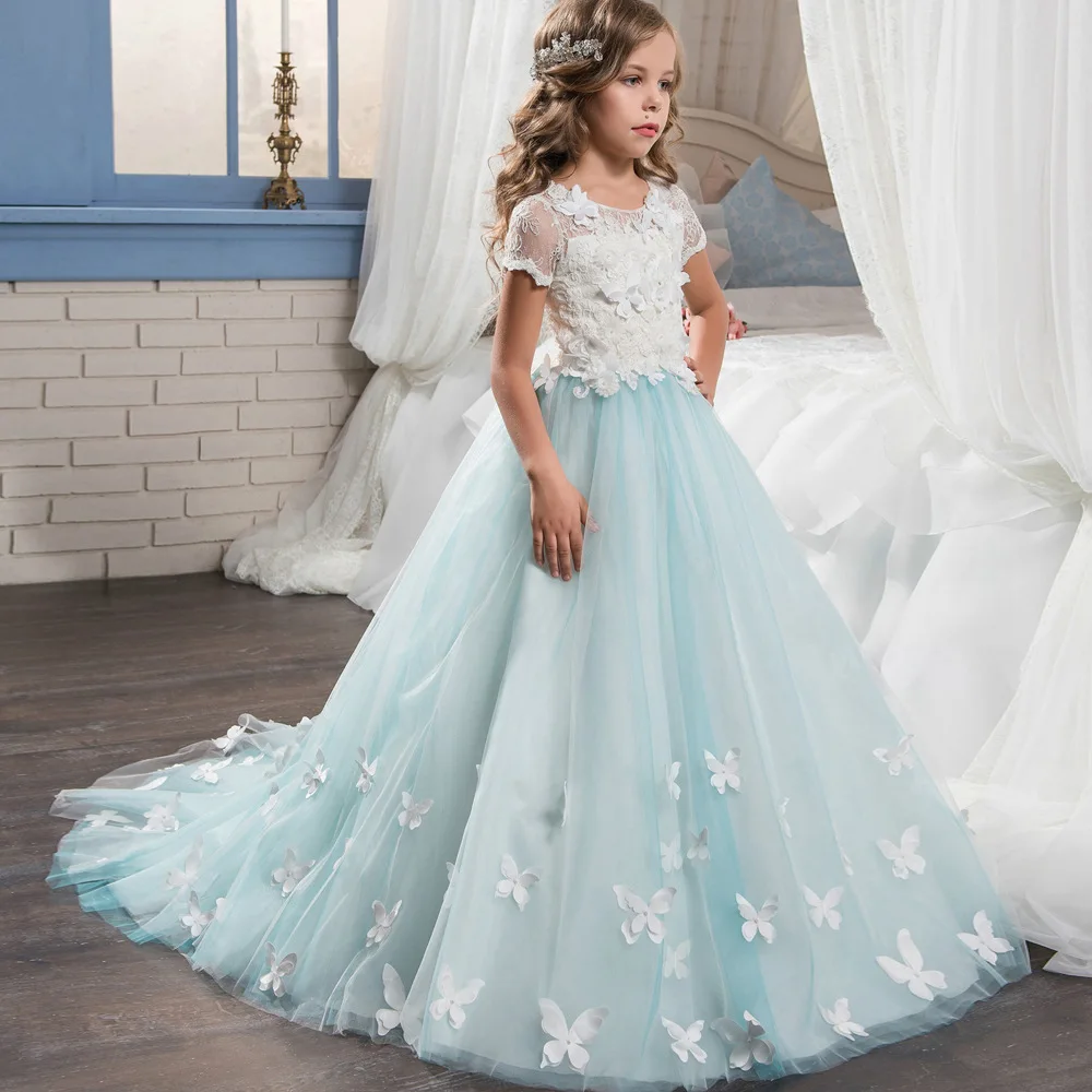 

Lovely Floor Length Princess Butterfly Wedding Flower Girls Dress Pageant Customize Lace Short Sleeve Tulle First Communion Gown