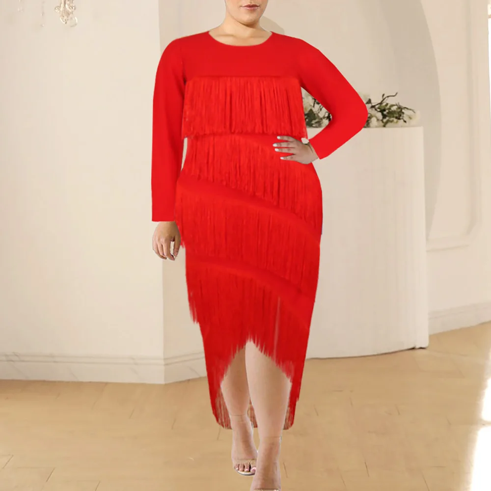 

Red Cascading Tassel Mid-Long Dress Women Long Sleeve Sexy Patchwork 2022 Christmas Robe African Elegant Slim Party Maxi Vestiod