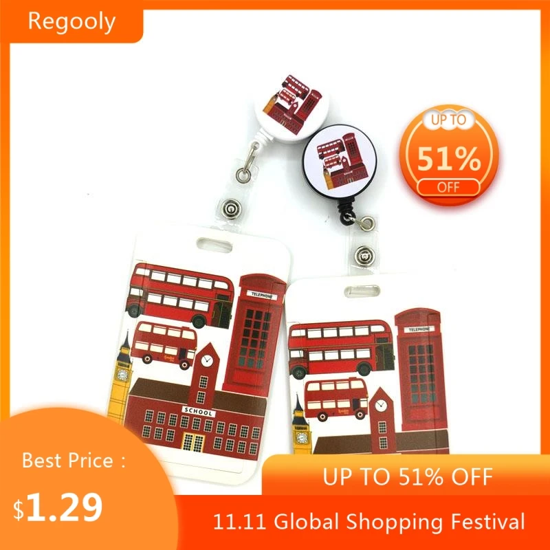 

England British Bus Cute Credit Card Cover Lanyard Bags Retractable Badge Reel Student Nurse Exhibition Enfermera