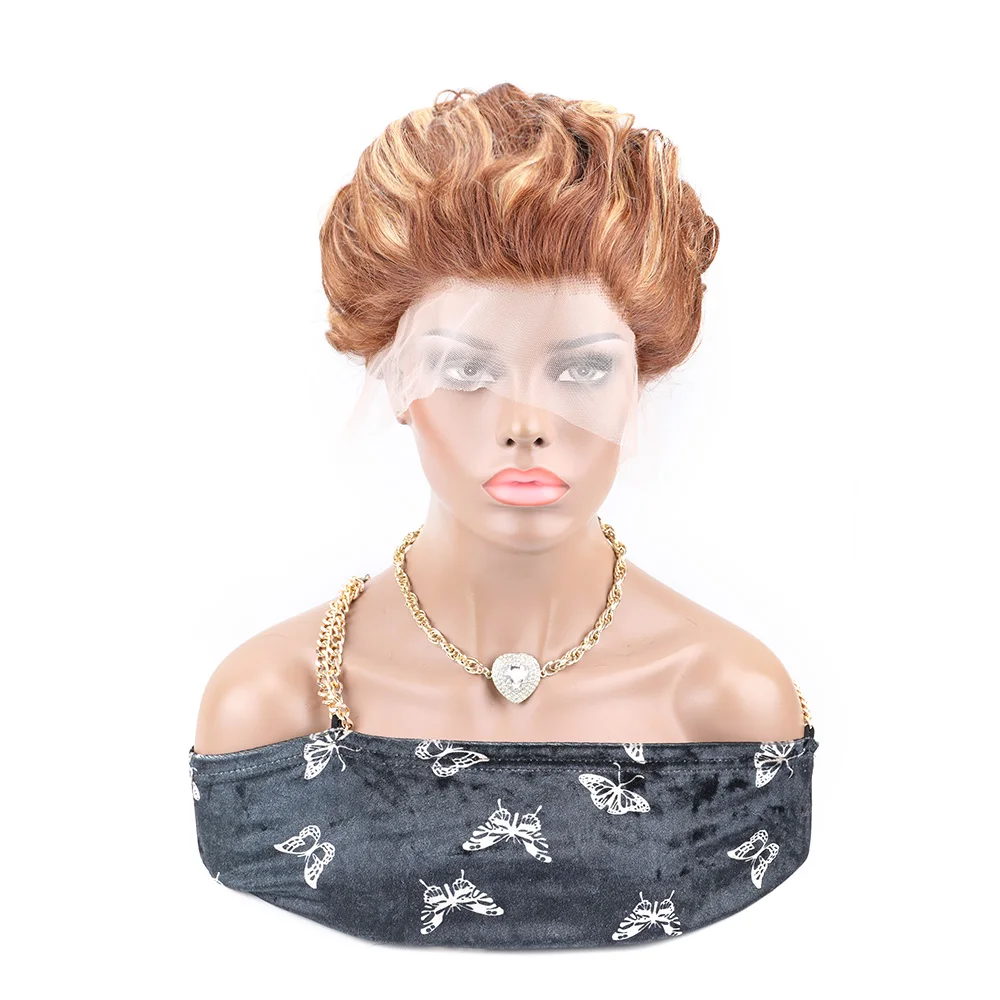 Golden Brown Pixie Cut Wig Human Hair 13x4 Lace Frontal Wigs Spring Curl Short Bob Curly Wigs for Women Part Lace Human Hair Wig