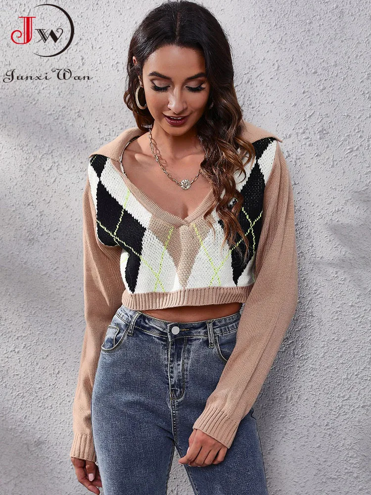 

Elegant Short Knitted Sweater Women Plaid V-neck Cropped Pullovers Spring Autumn Fashion Jumpers Top