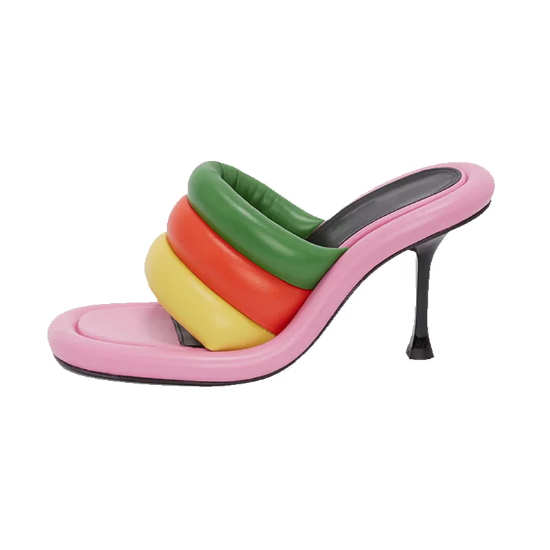 

2023 Summer New Fashion Mixed Color Sandals Thin Heels Fish Mouth Slippers Mules Women's Shoes Gold Silver Pink Red Big Size