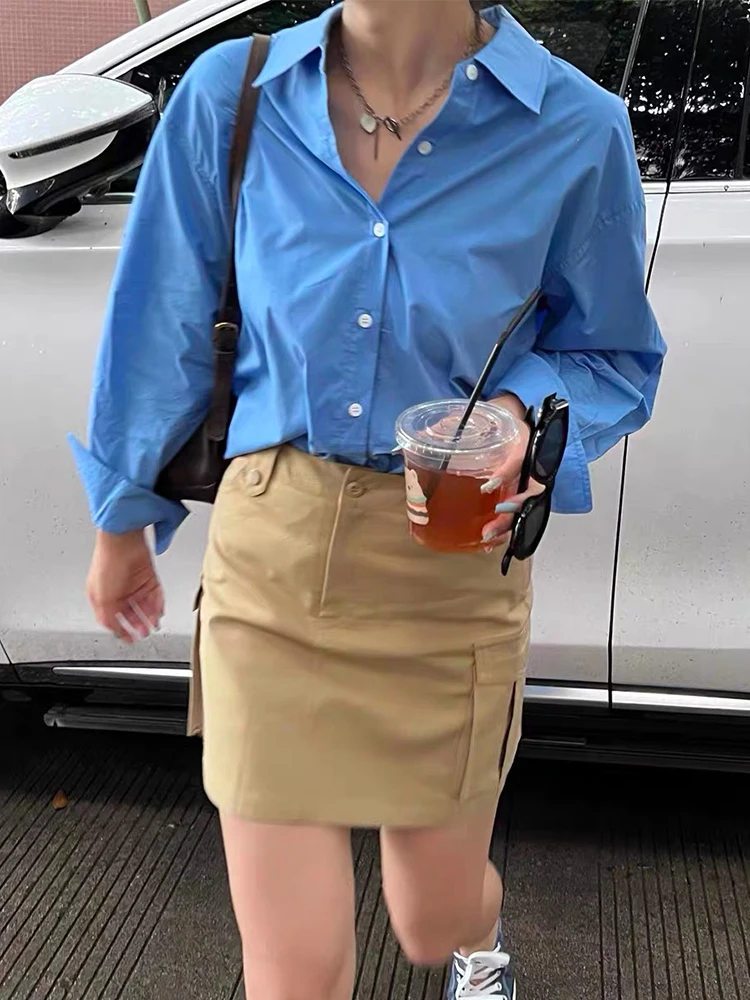 Missmarm Klein синие рубашки женские летние новый дизайн Sense свободный топ с длинными