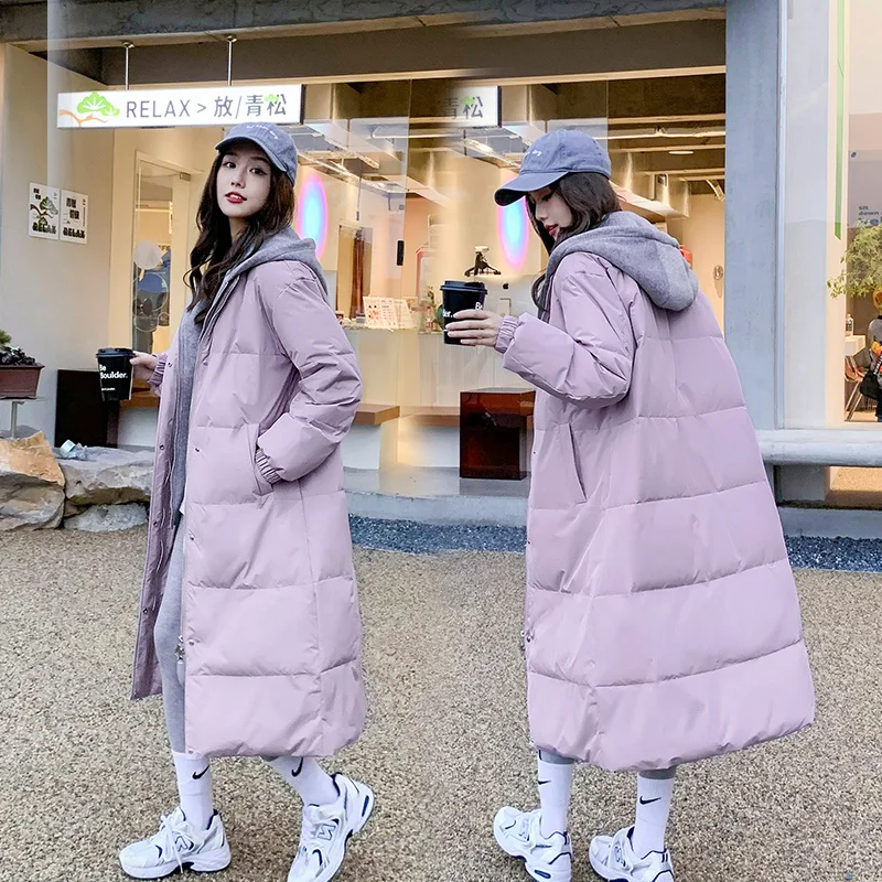 White Duck Down Jacket Women Korean College Style Casual Spliced Hooded Long Over Knee Warm Parka Internet Celebrity Down Coat