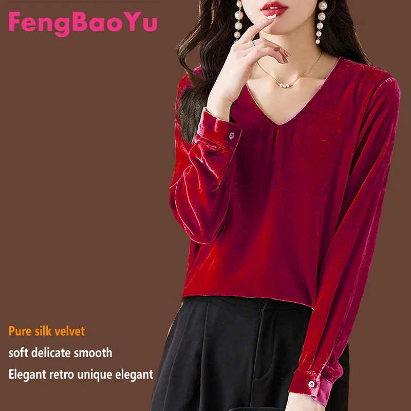 Fengbaoyu Silk Velvet Autumn Winter Lady Long-sleeved V-collar T-shirt Large-size 5XL Blouse Woman Heavy 100KG Free Shipping