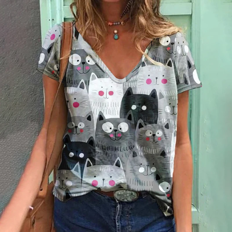 

2023 New Fashion Ladies Street 3D Abstract cartoon cat T Shirts Casual Short Sleeve O-Neck Loose Tops Summer Size 3XL