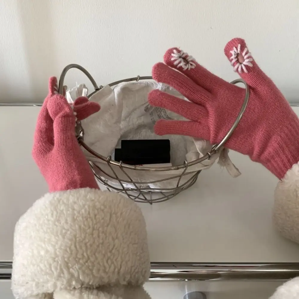 

Plush Thick Daisy Knitted Gloves Warm Touch Screen Full Finger Warm Mittens Windproof Thicken Cycling