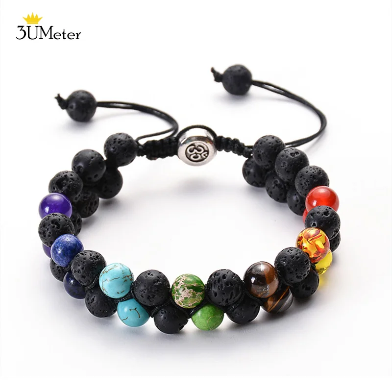 

3UMeter Handmade Braided Natural Stone Beads Bracelet Double Row Lava Stone Bracelet Essential Oil Diffuse 7 Chakra Yoga Jewelry