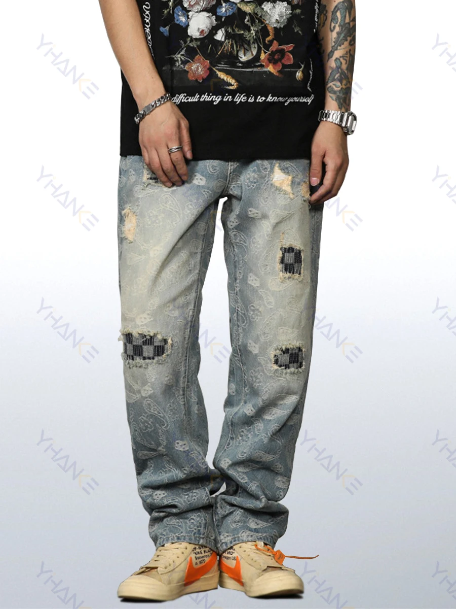 Brand Ripped Cashew Print Alphabet Patchwork Jeans Men's Loose Straight Wide Leg Pants Streetwear Denim Baggy Ripped Jeans Mens