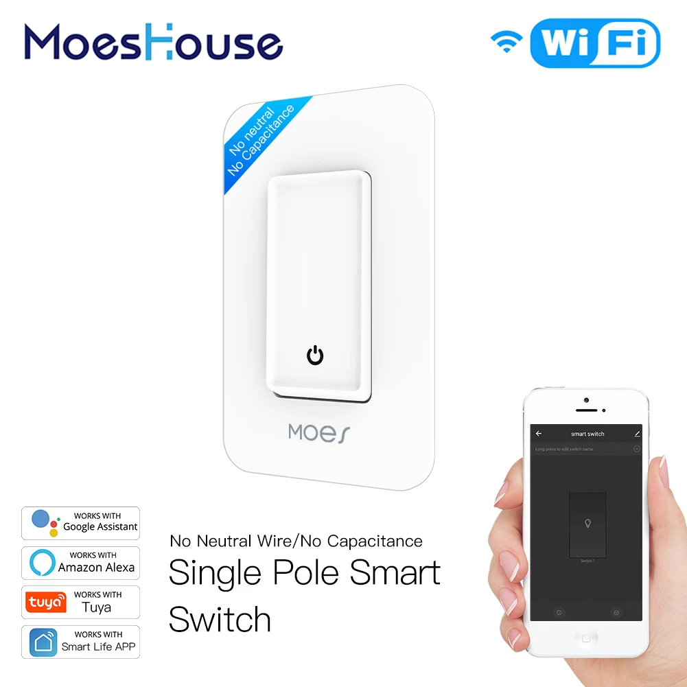 

Умный кнопочный переключатель MoesHouse с Wi-Fi, без нейтрального провода, однополюсный, без конденсатора, требуется приложение Smart Life, Amazon, Echo, Google ...