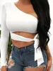 Women lady bandage slim tee tops long sleeve one-shoulder bow-tie elastic solid T Shirt cold shoulder sexy crop top Club Street 5