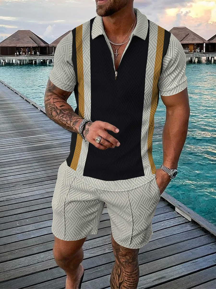 TL2598 European and American men's new casual contrast color zipper lapel short-sleeve suit