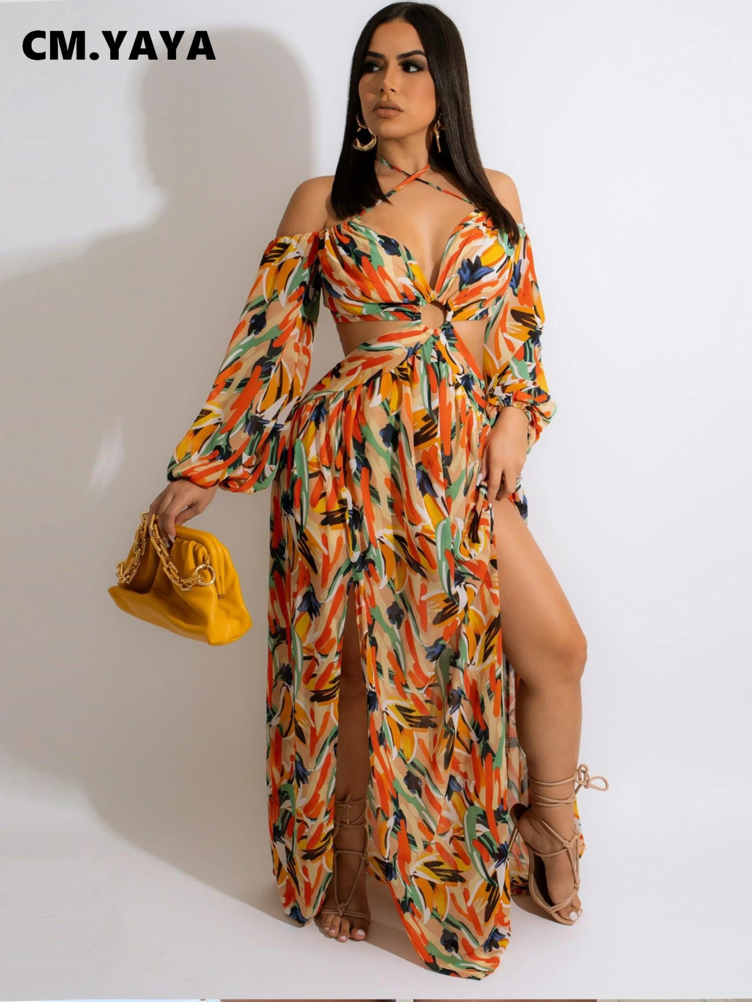 

CM.YAYA Elegant Chiffon High Side Split Printed Off Shoulder Long Sleeve Maxi Long Dress for Women 2022 Summer Beach Sexy Boho