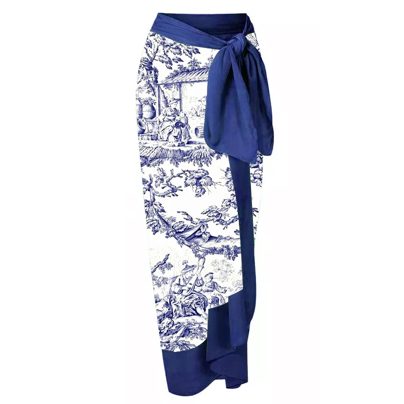 MUOLUX 2023 One-Piece Women Swimsuit Skirt Vintage Print Deep V Bikini Kimono Cover-Up Swimwear Dress Summer Sarong Beach Wear