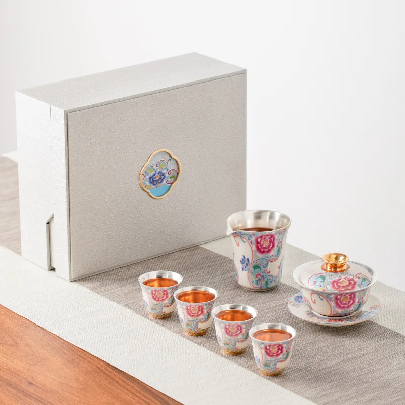 

Enamel Gilt Silver Chinese Kung Fu Tea Set Gaiwan Tea Cup Ceramic Teacup Filigree Tea Set High Quality Teaware Cups Set Gift Box