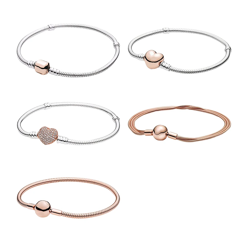 

925 Sterling Silver Rose Gold Wrist Charm Bracelets For Women Fine Jewelry Snake Chain Zircon Stone Logo Barrel Heart Ball Clasp