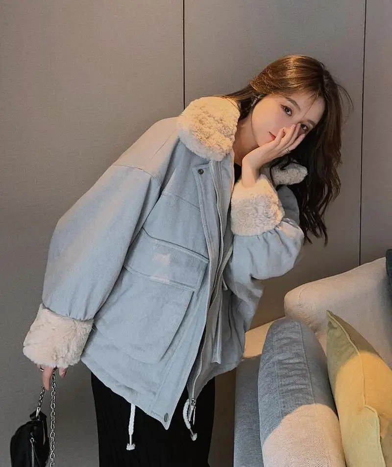 Women's Jacket Corduroy Autumn and Winter New Loose Casual Solid Color Long-sleeved Velvet Patchwork Jacket Warm Jacket Pink