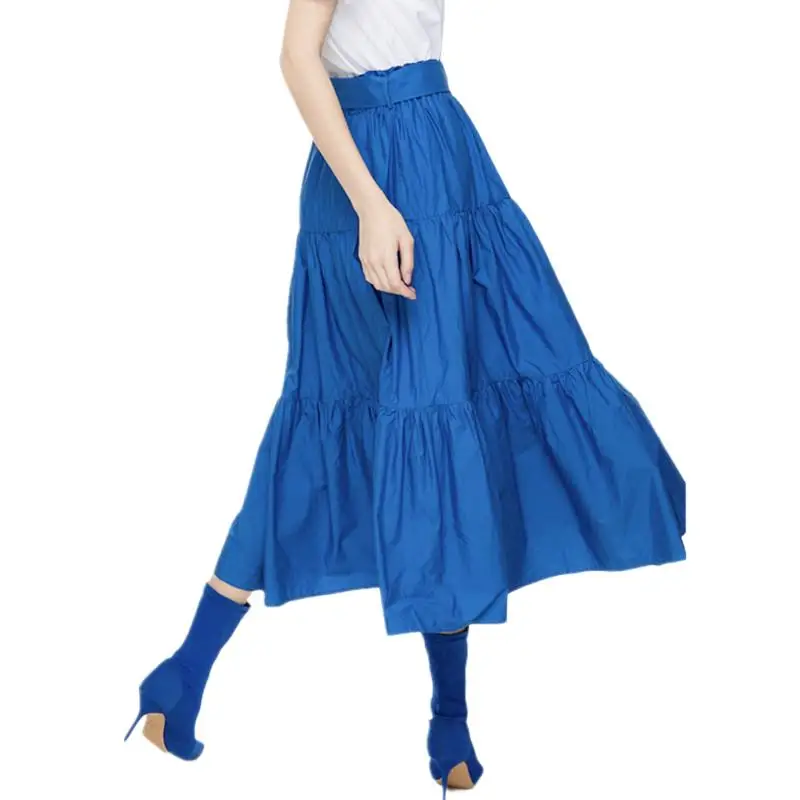 

2023 Spring Autumn women plus size Ruffled sweet long skirt,High Waist cotton linen maxi party skirts blue yellow 6XL 7XL
