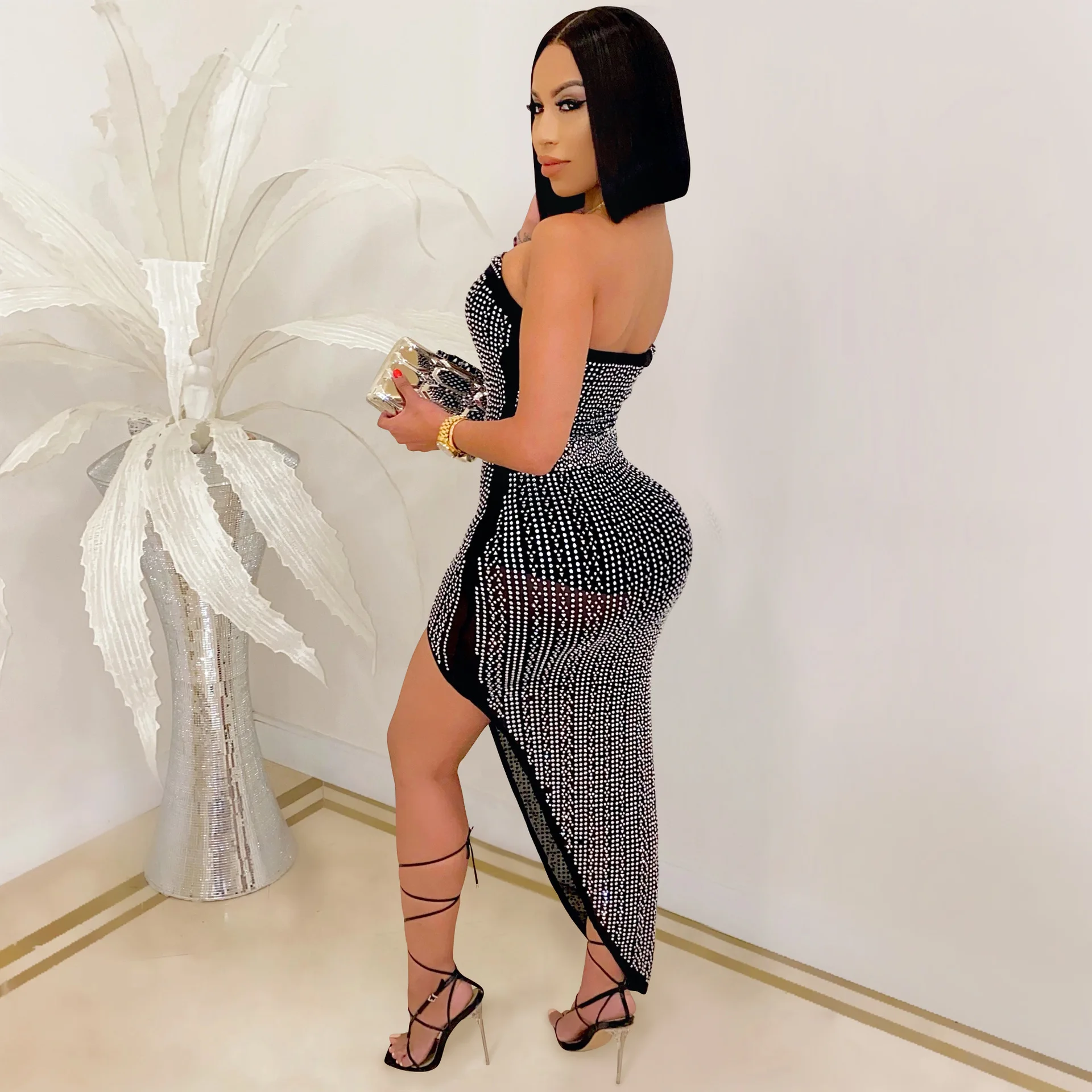 2022 New Bodycon Dress Solid Diamond Strapless Off Shoulder Sexy Celebrity Party Midi Dress Vestidos