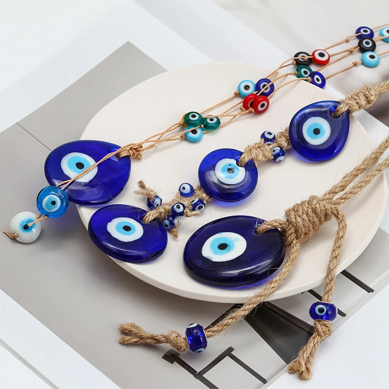 

1PC Eye Glass Blue Turkish Evil Eye Pendant Wall Hanging Multi Color Bead Home Decor Twine Water Drop Pendant